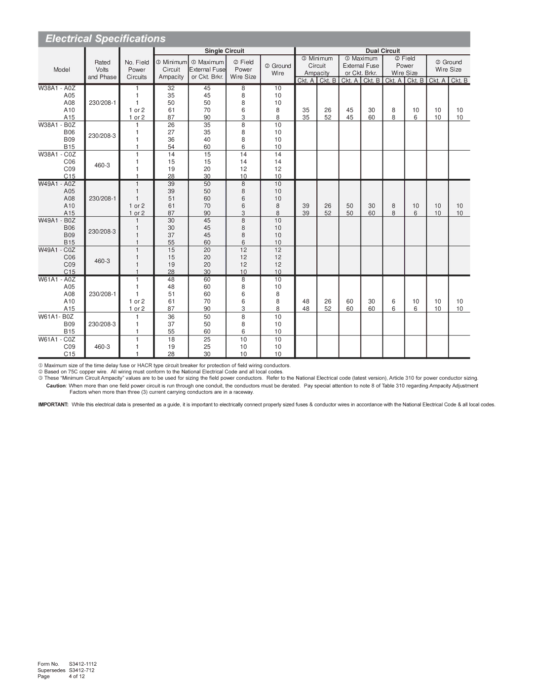 Bard W61A1, W49A1, W38A1 manual Electrical Specifications, Single Circuit Dual Circuit 