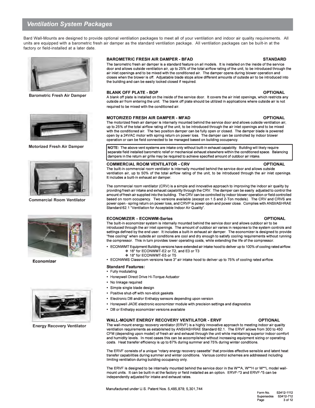 Bard W49A1, W61A1, W38A1 manual Ventilation System Packages 