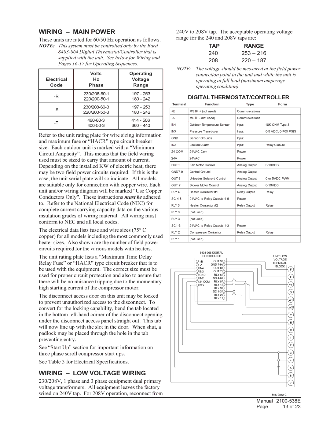 Bard W3RV1, W6RV1 Wiring Main Power, Wiring LOW Voltage Wiring, TAP Range, 240 253 208 220, Digital THERMOSTAT/CONTROLLER 