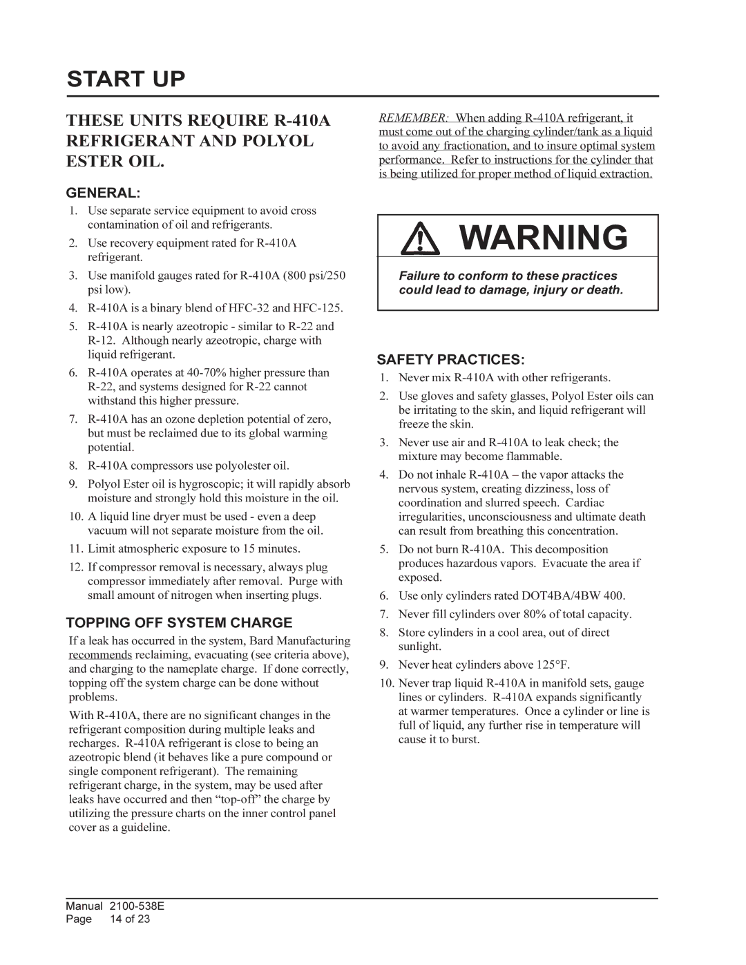 Bard W5LV1, W6RV1, W3RV1, W3LV1, W6LV1, W5RV1 installation instructions Topping OFF System Charge, Safety Practices 