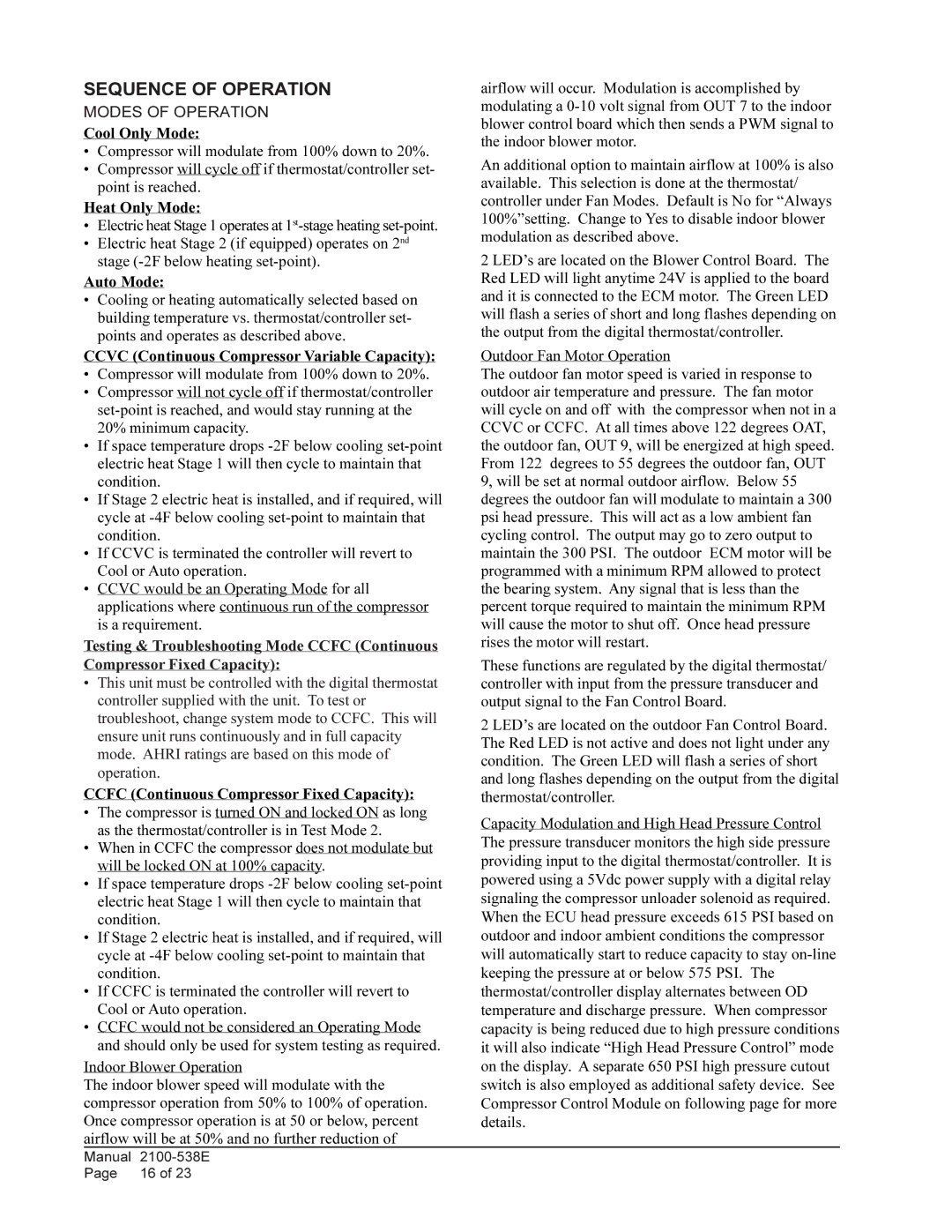 Bard W6LV1, W6RV1, W3RV1, W5LV1, W3LV1, W5RV1 installation instructions Sequence of Operation, Modes of Operation 