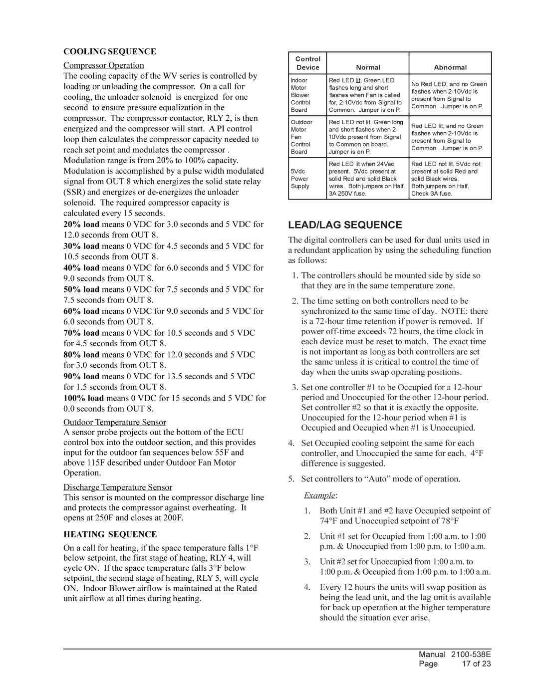 Bard W5RV1, W6RV1, W3RV1, W5LV1, W3LV1, W6LV1 installation instructions LEAD/LAG Sequence, Cooling Sequence 