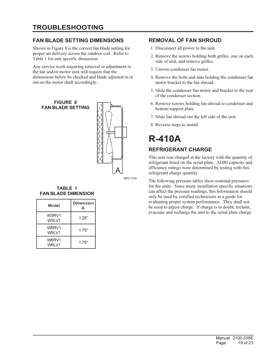 Bard W3RV1, W6RV1, W5LV1, W3LV1 Troubleshooting, FAN Blade Setting Dimensions, Removal of FAN Shroud, Refrigerant Charge 