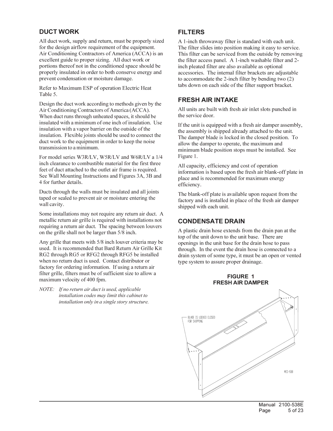 Bard W5RV1, W6RV1, W3RV1, W5LV1, W3LV1, W6LV1 Duct Work, Filters, Fresh AIR Intake, Condensate Drain, Fresh AIR Damper 