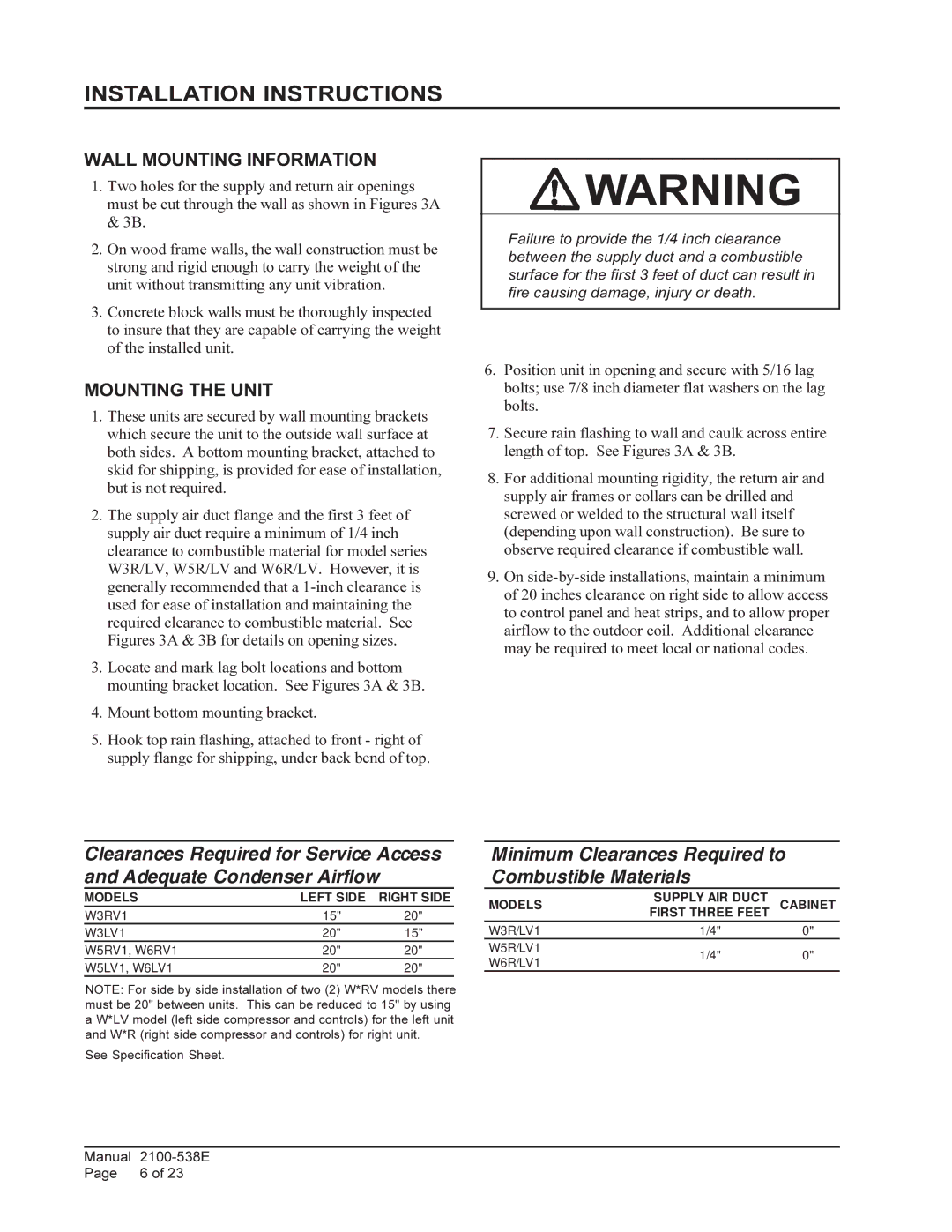 Bard W6RV1, W3RV1, W5LV1, W3LV1, W6LV1, W5RV1 Installation Instructions, Wall Mounting Information, Mounting the Unit 