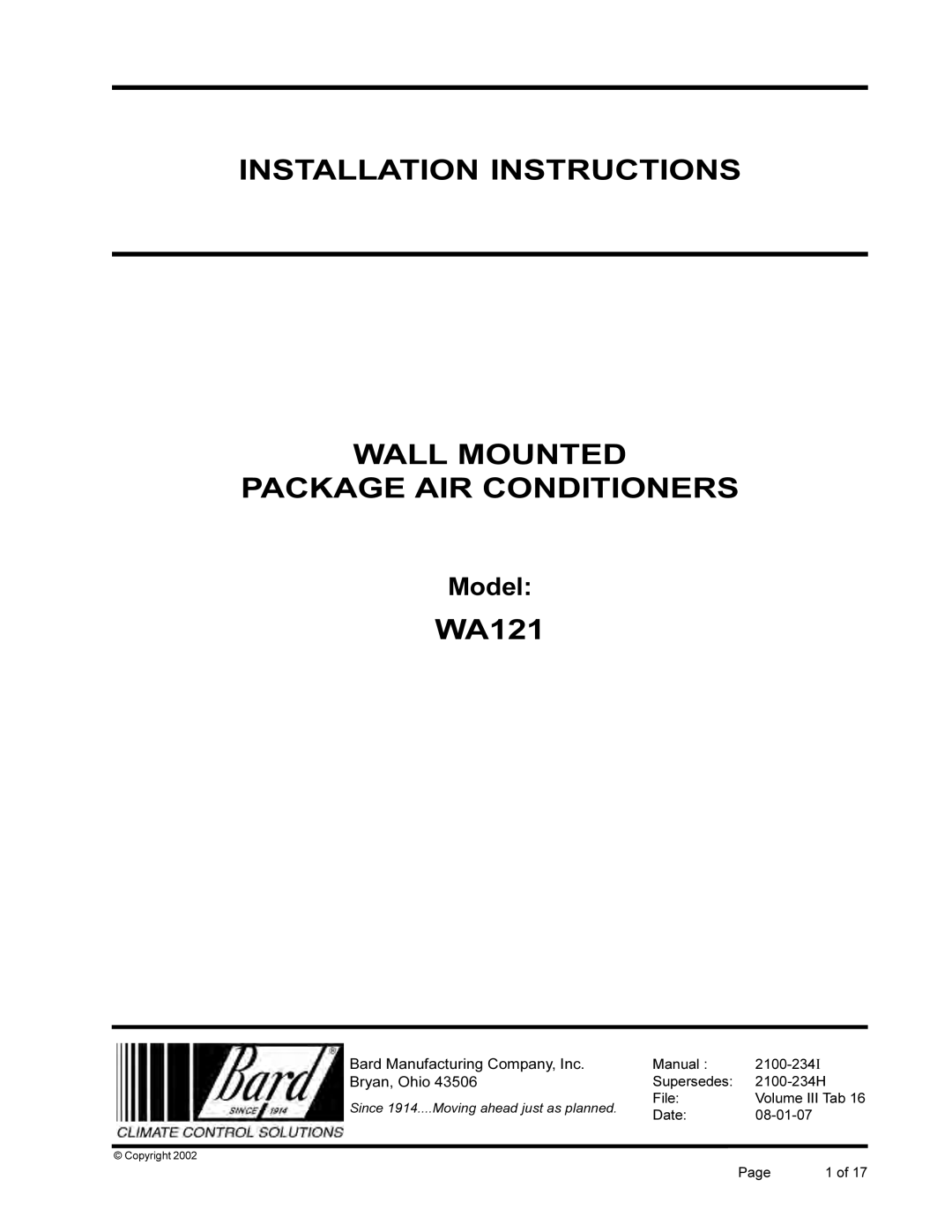 Bard WA121 installation instructions Bard Manufacturing Company, Inc, Bryan, Ohio 