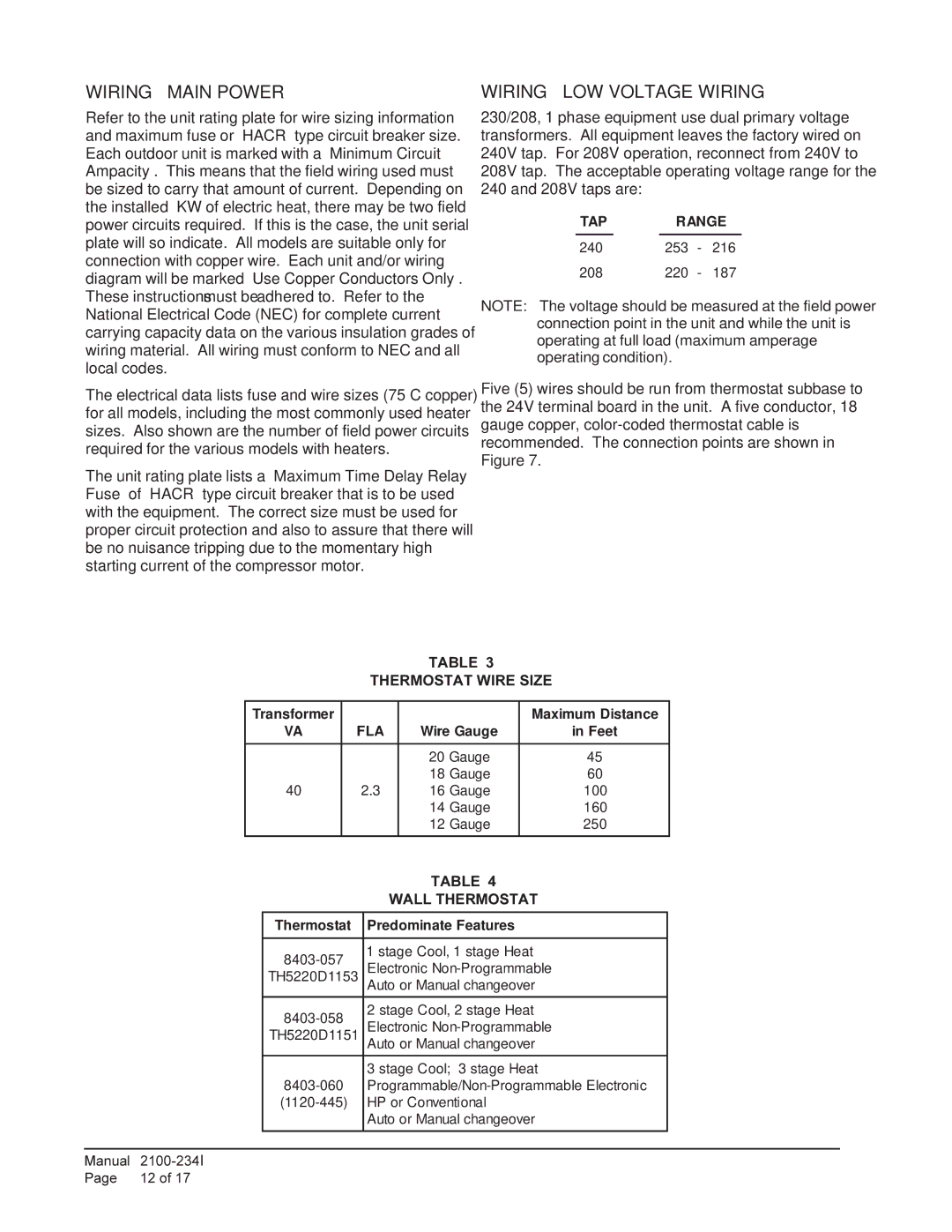 Bard WA121 installation instructions Wiring Main Power, Wiring LOW Voltage Wiring, Thermostat Wire Size, Wall Thermostat 