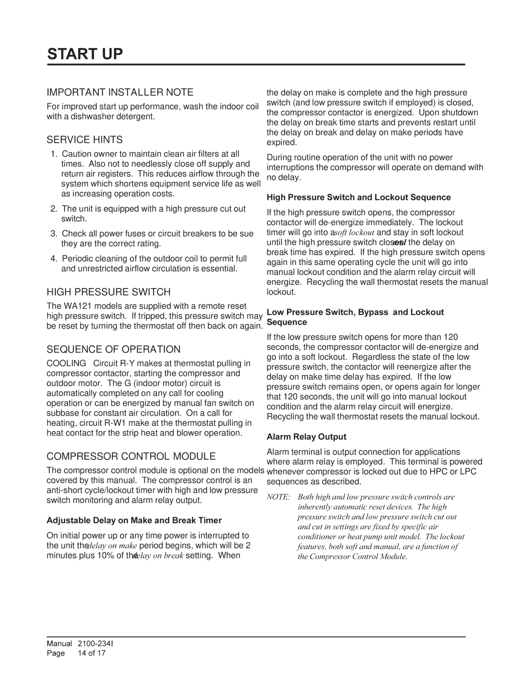 Bard WA121 installation instructions Start UP 