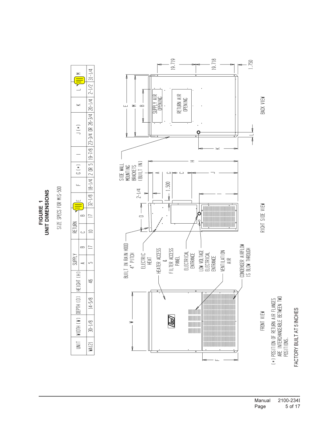 Bard WA121 installation instructions Unit Dimensions Factory Built AT 5 Inches 