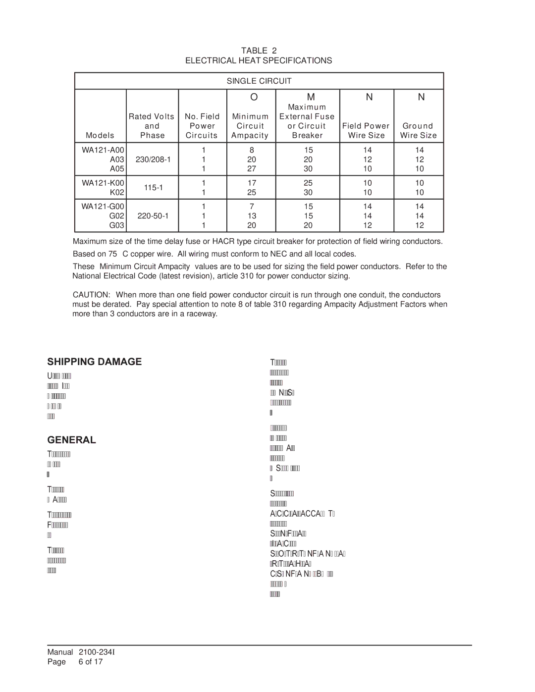 Bard WA121 installation instructions Shipping Damage, General, Electrical Heat Specifications 