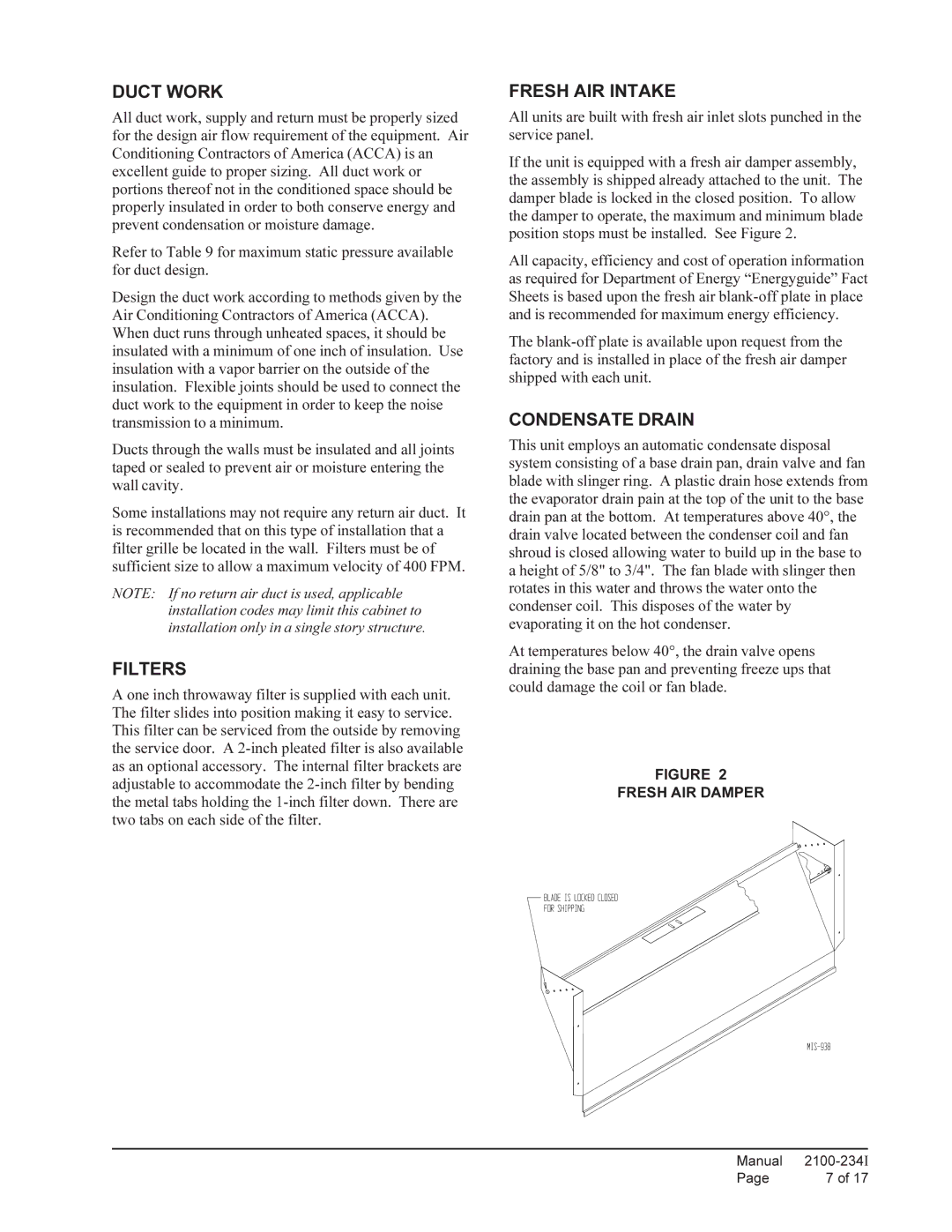 Bard WA121 installation instructions Duct Work, Filters, Fresh AIR Intake, Condensate Drain, Fresh AIR Damper 