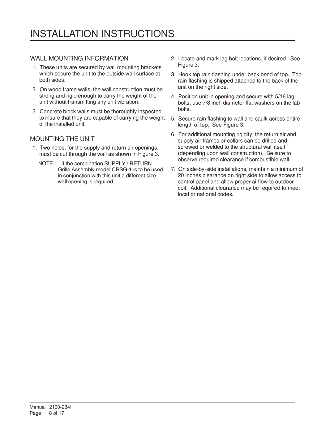 Bard WA121 installation instructions Installation Instructions, Wall Mounting Information, Mounting the Unit 