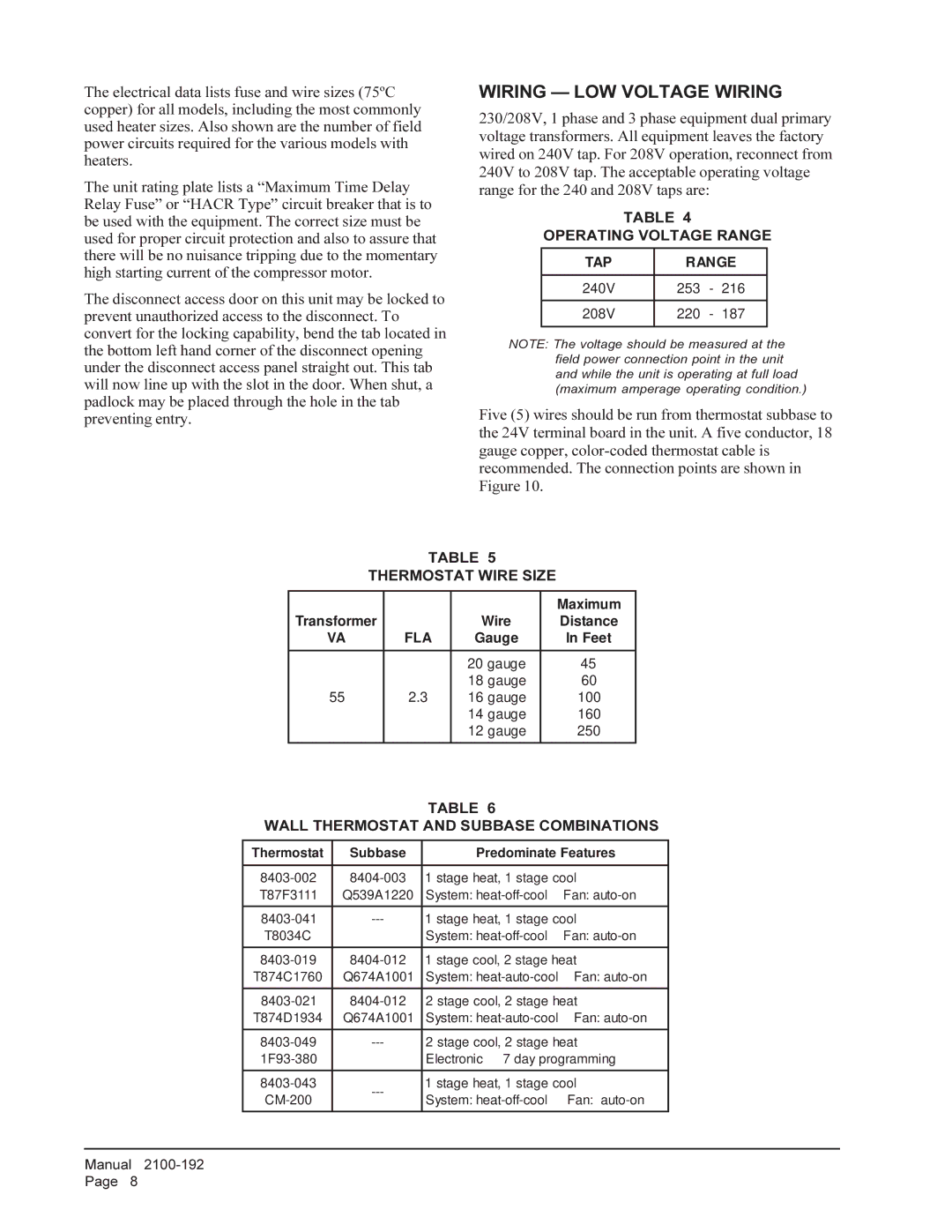 Bard WA361, WA301 installation instructions Wiring LOW Voltage Wiring, Operating Voltage Range, Thermostat Wire Size 