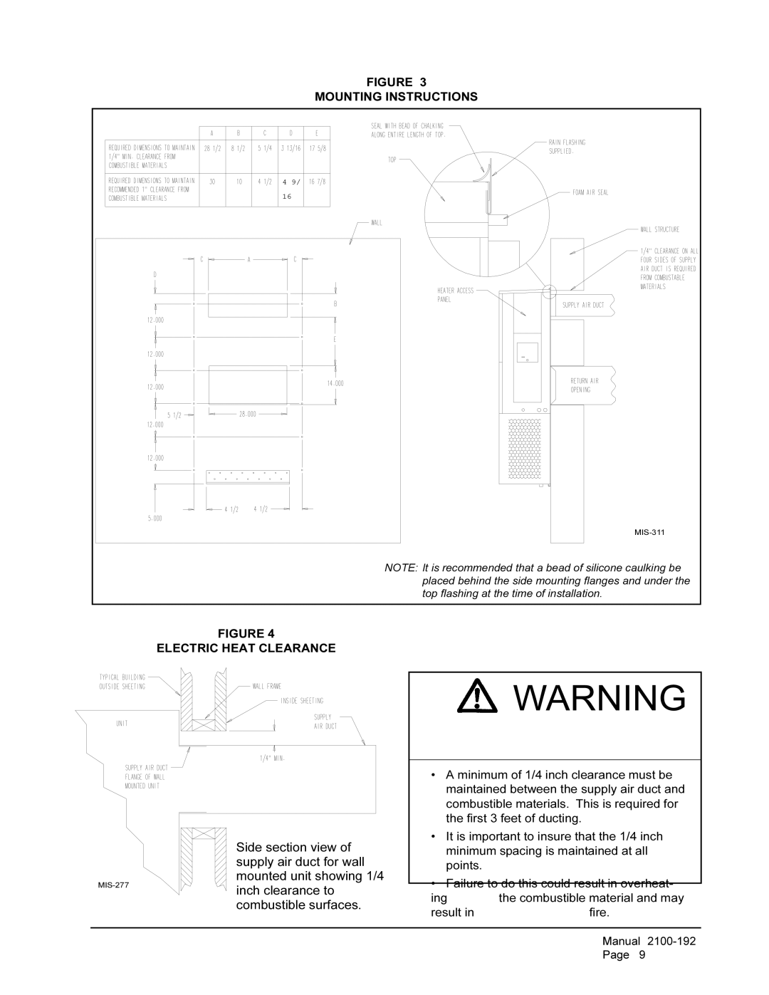 Bard WA301, WA361 installation instructions Mounting Instructions, Electric Heat Clearance 