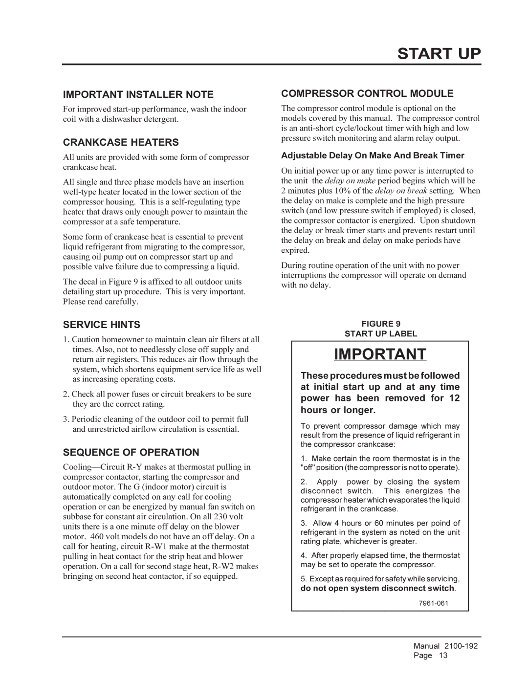 Bard WA301, WA361 installation instructions Start UP 