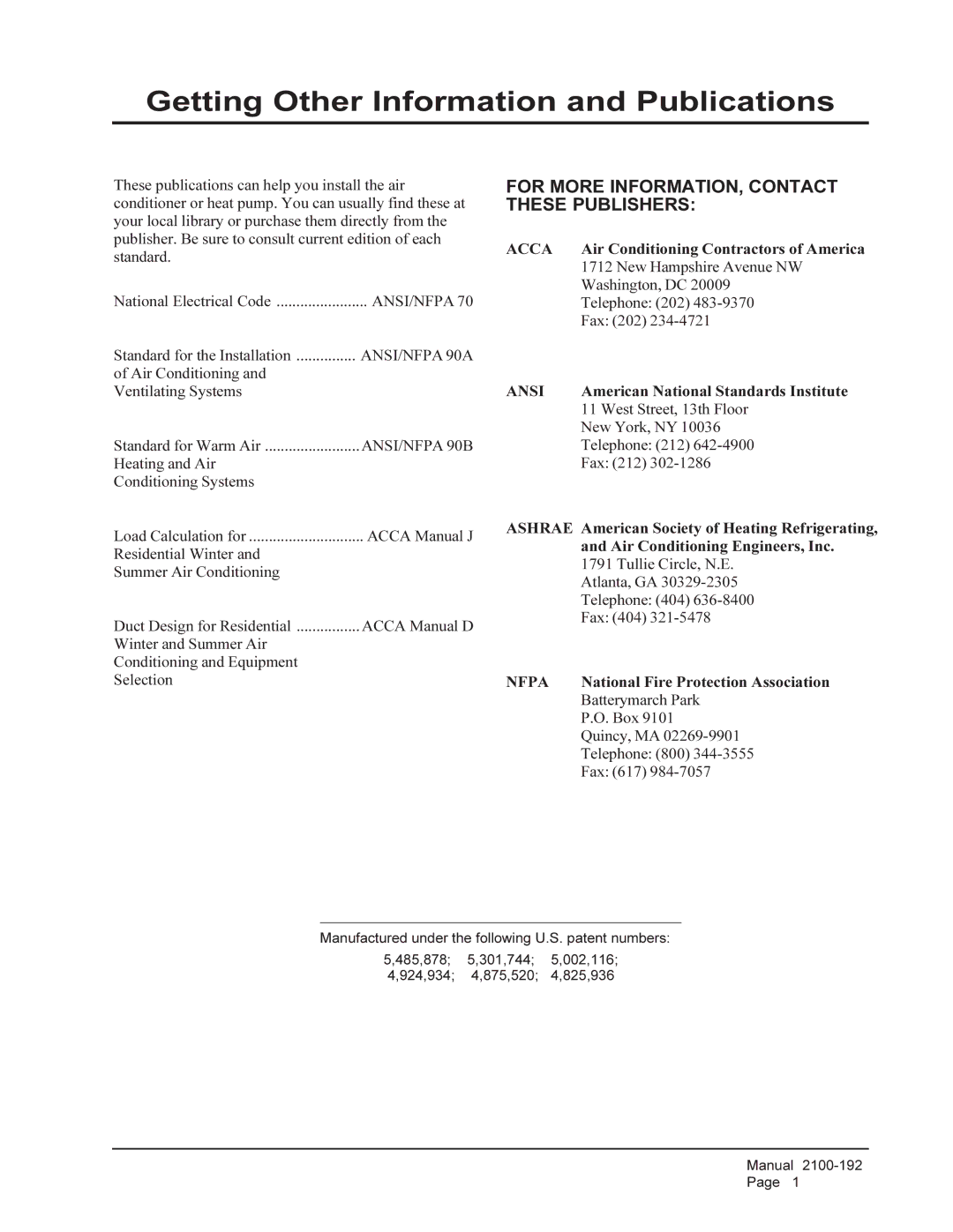 Bard WA301, WA361 Getting Other Information and Publications, For More INFORMATION, Contact These Publishers 