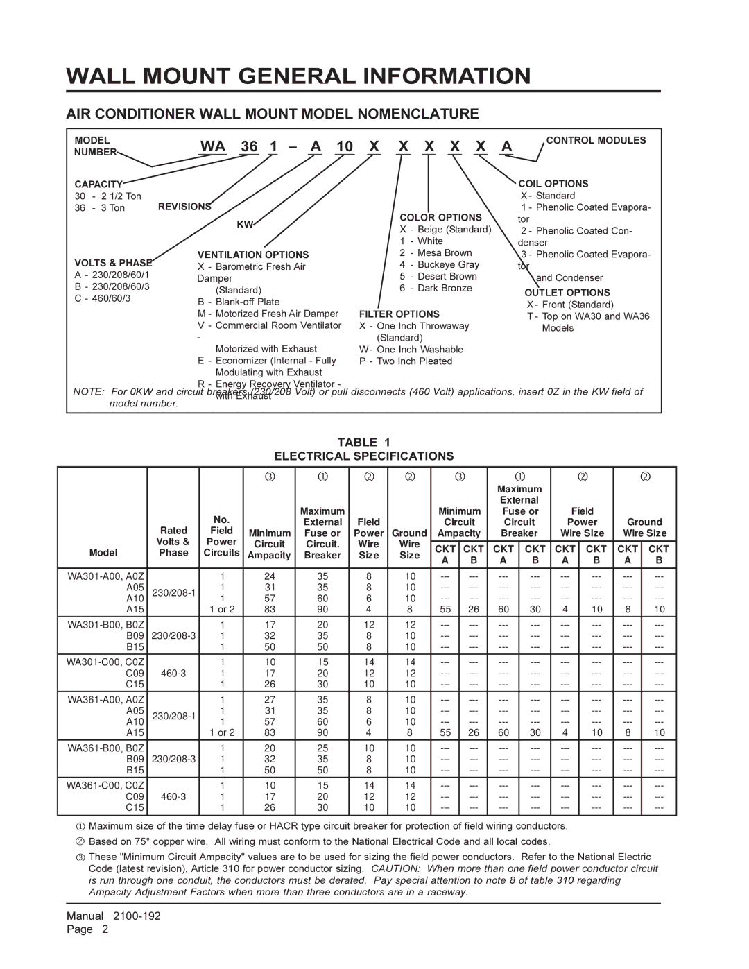 Bard WA361, WA301 Wall Mount General Information, AIR Conditioner Wall Mount Model Nomenclature, Electrical Specifications 