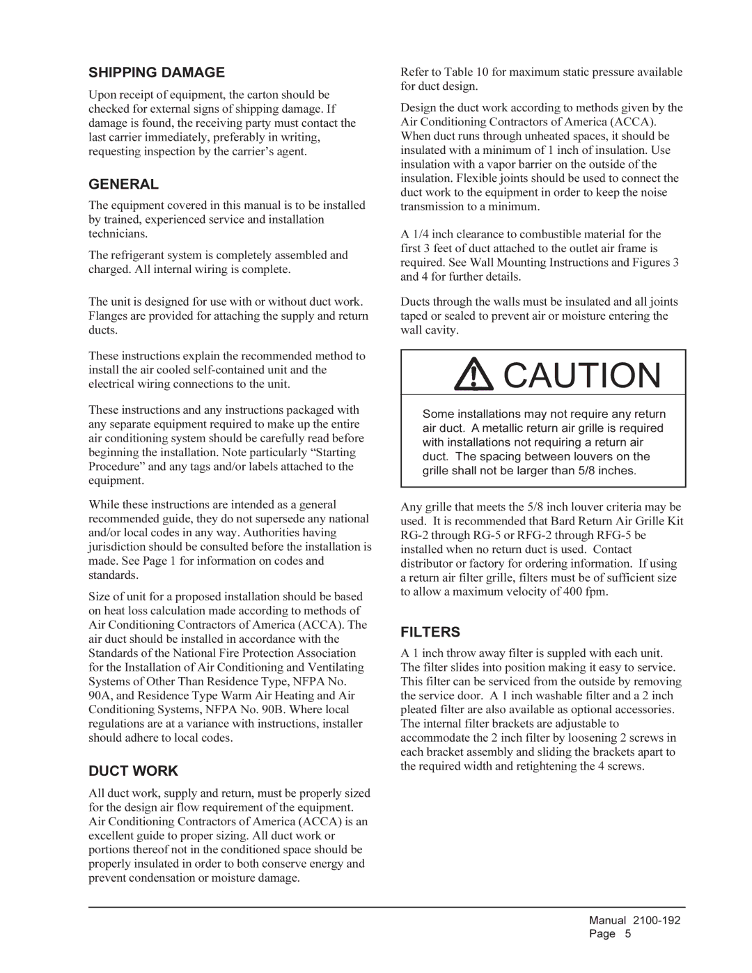 Bard WA301, WA361 installation instructions Shipping Damage, General, Duct Work, Filters 