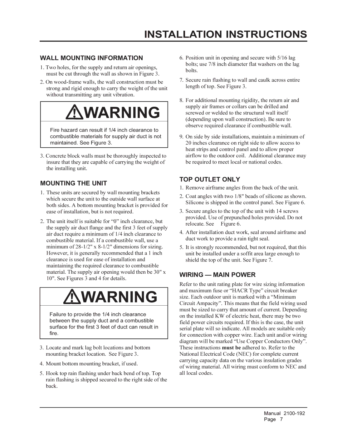 Bard WA301 Installation Instructions, Wall Mounting Information, Mounting the Unit, TOP Outlet only, Wiring Main Power 