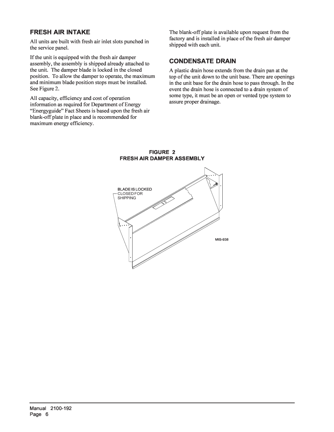 Bard WA361, WA301 installation instructions Fresh Air Intake, Condensate Drain, Figure Fresh Air Damper Assembly 