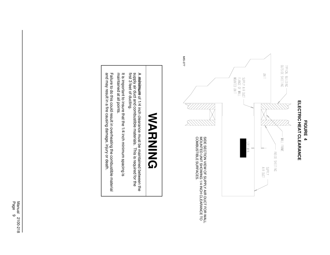 Bard WA482, WA421 installation instructions Electric Heat Clearance 