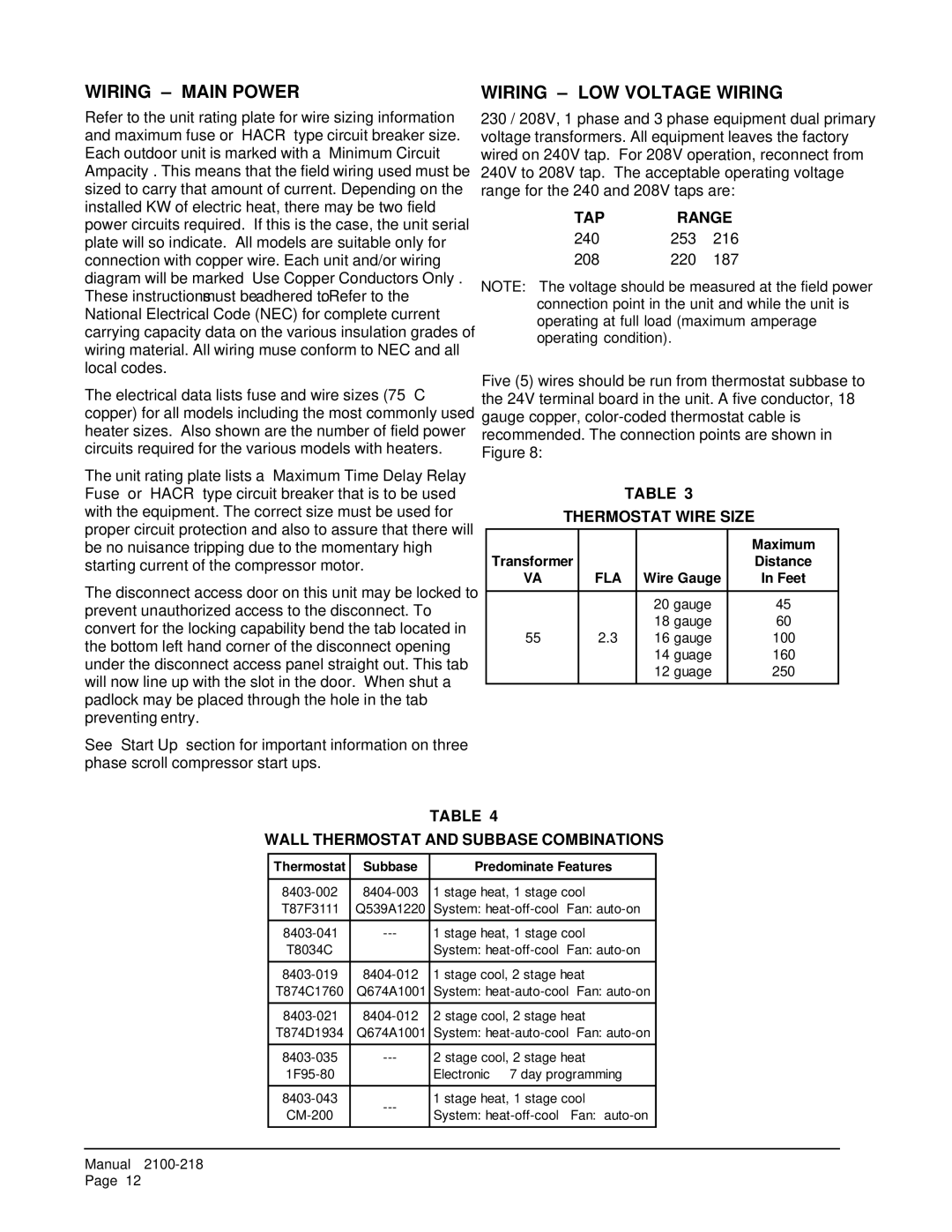 Bard WA421, WA482 installation instructions Wiring Main Power, Wiring LOW Voltage Wiring, TAP Range, Thermostat Wire Size 