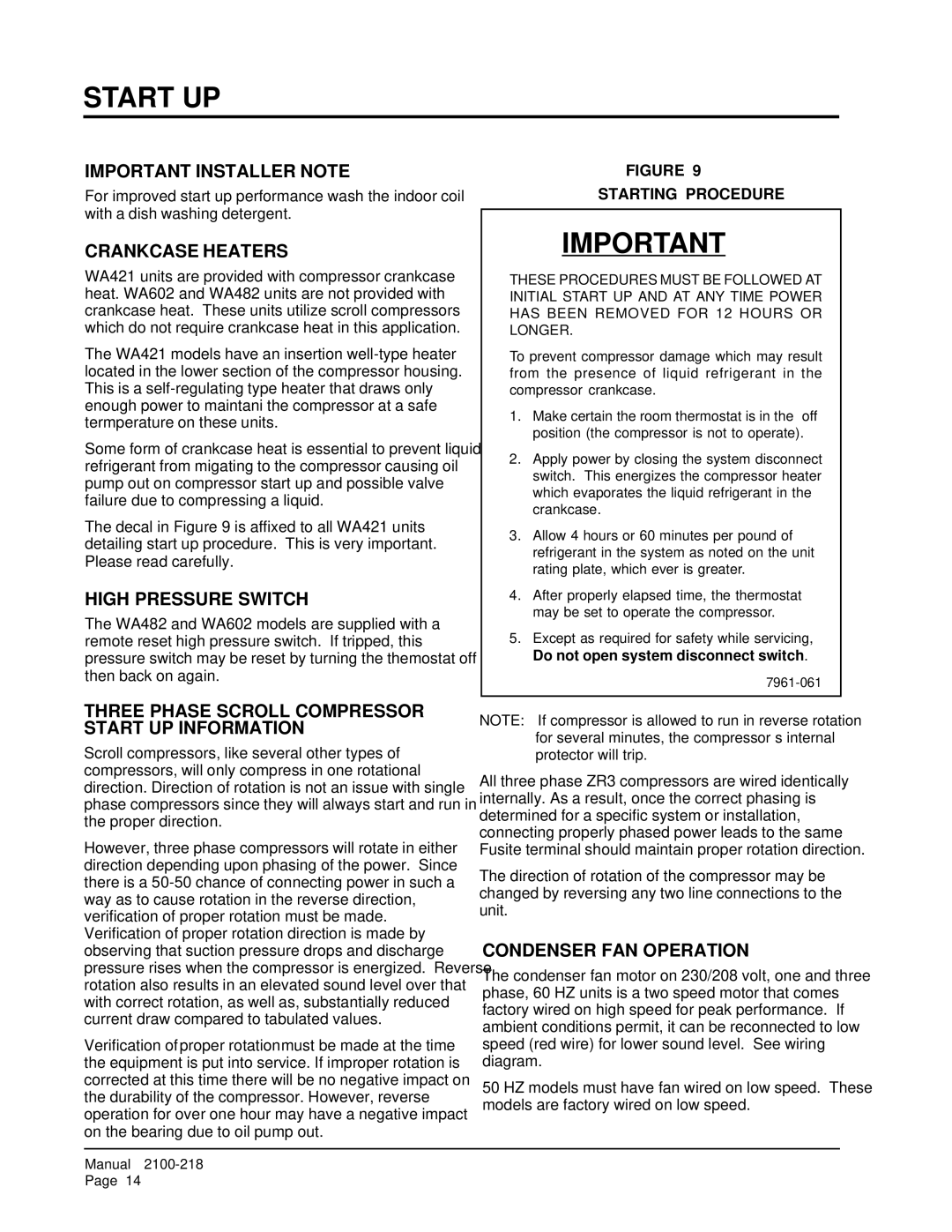 Bard WA421, WA482 installation instructions Start UP 