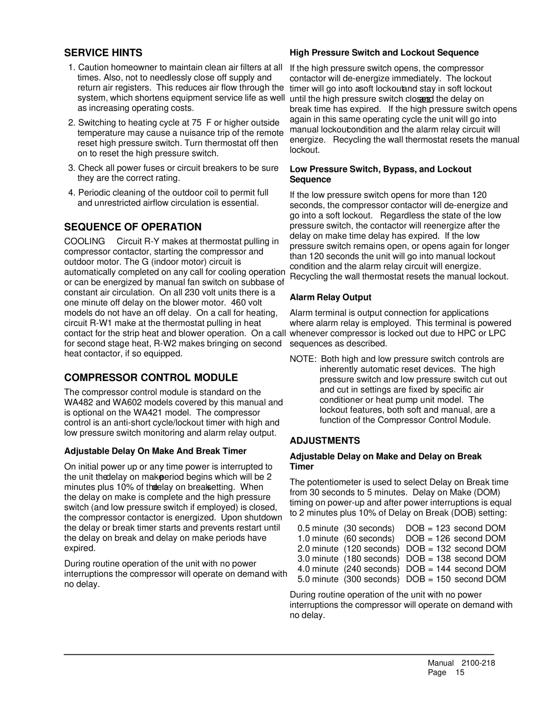 Bard WA482, WA421 installation instructions Service Hints, Sequence of Operation, Compressor Control Module 