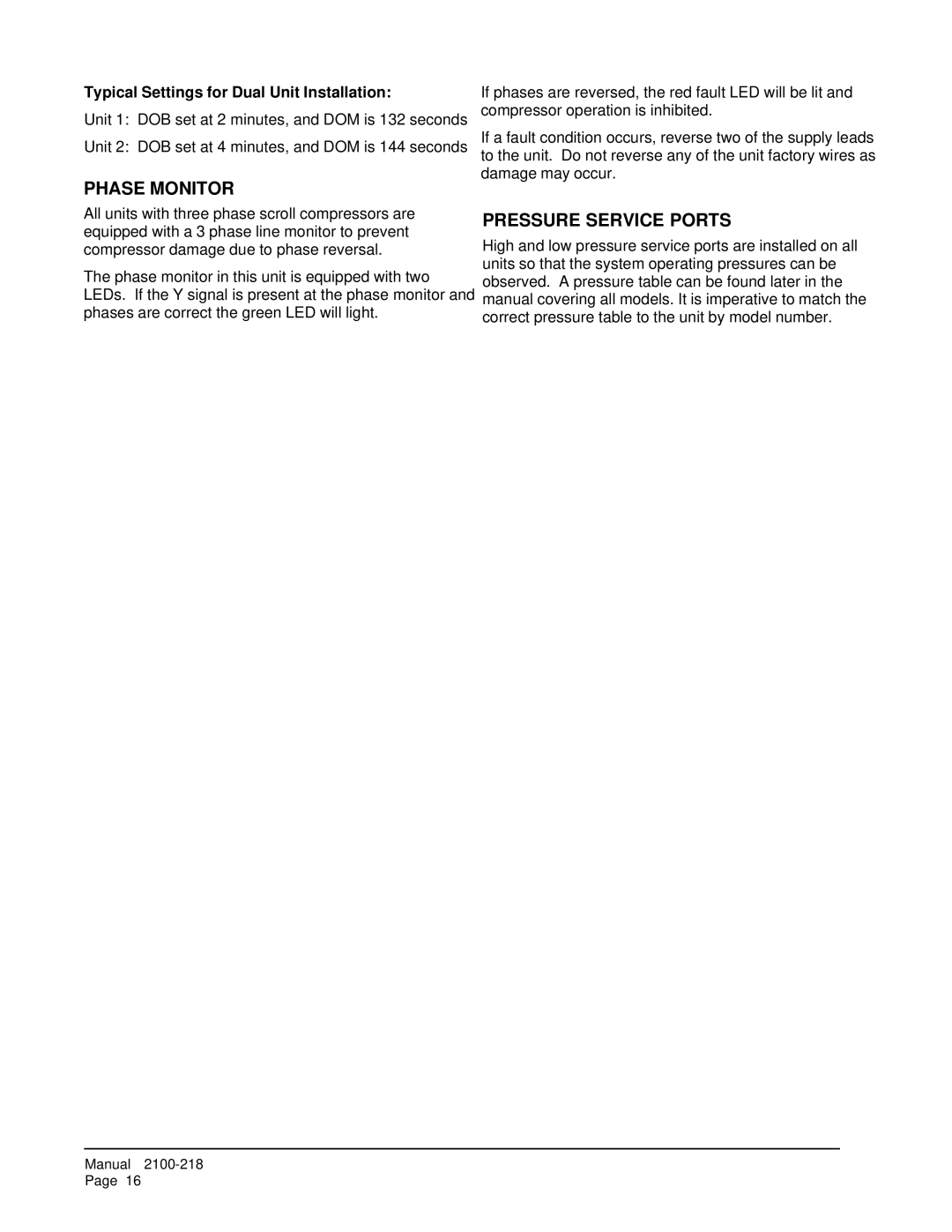 Bard WA421, WA482 Phase Monitor, Pressure Service Ports, Typical Settings for Dual Unit Installation 