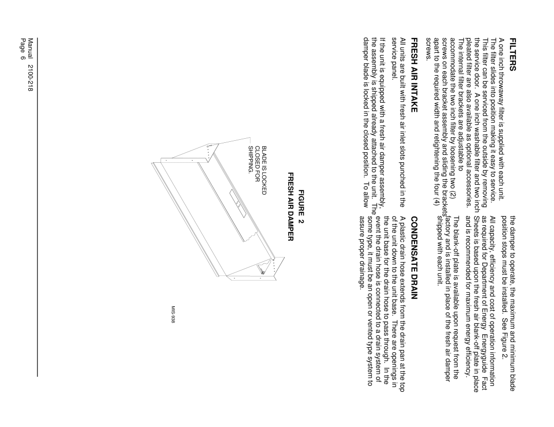 Bard WA421, WA482 installation instructions Filters, Fresh AIR Intake, Condensate Drain, Fresh AIR Damper 