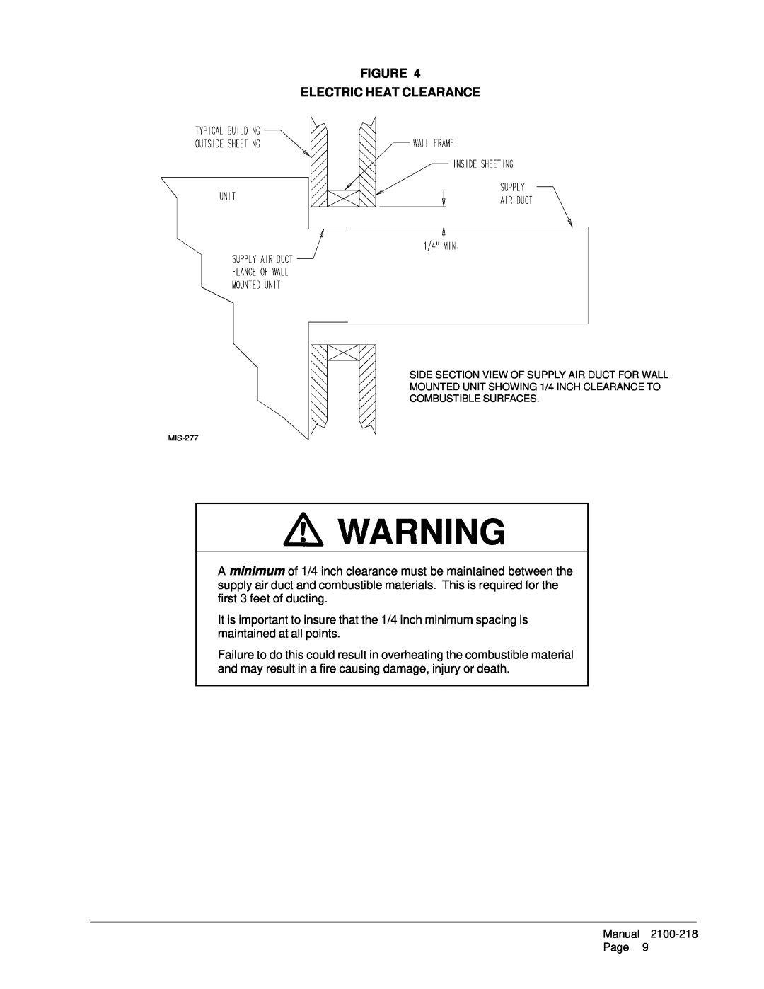 Bard WA482, WA421 Figure Electric Heat Clearance, Side Section View Of Supply Air Duct For Wall, Combustible Surfaces 