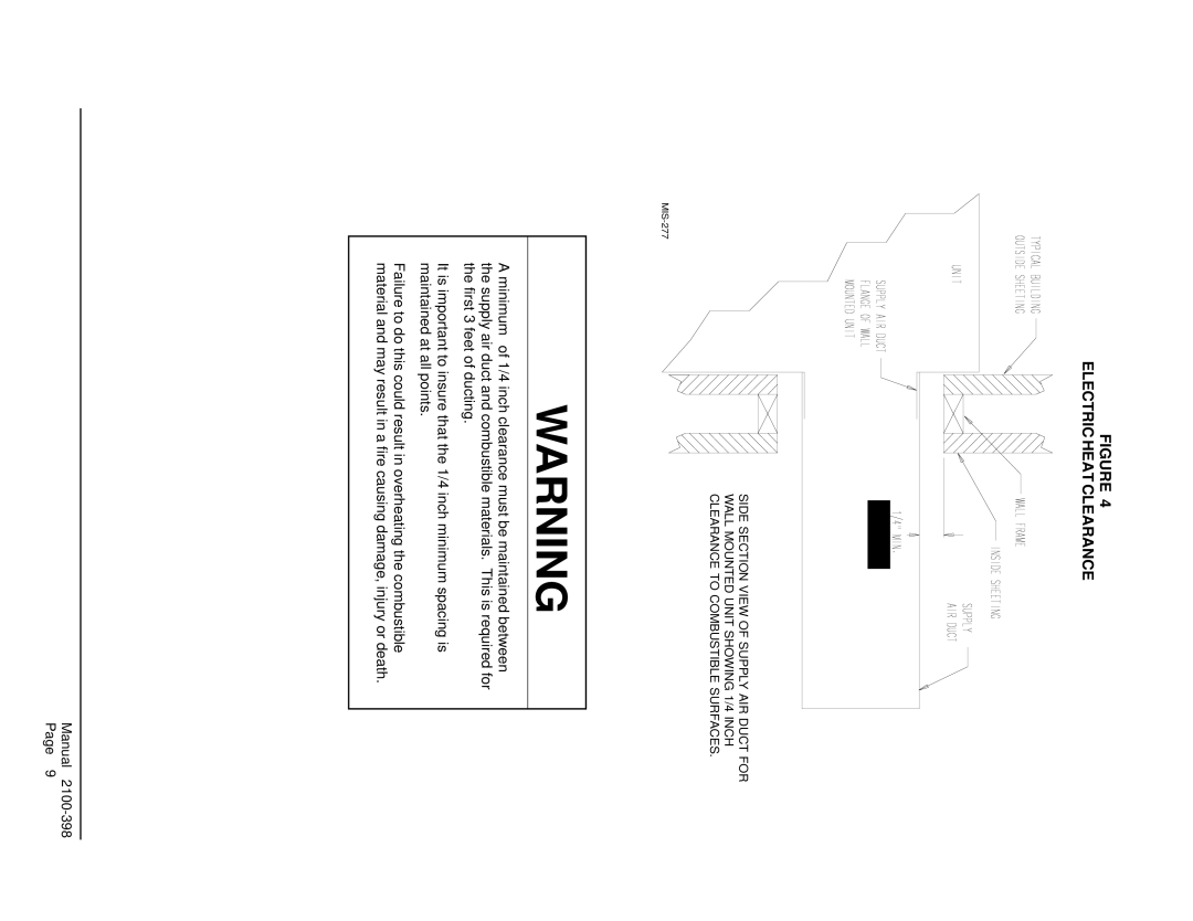 Bard WA491, WA602, WA484, WA381, WA423 installation instructions Electric Heat Clearance 