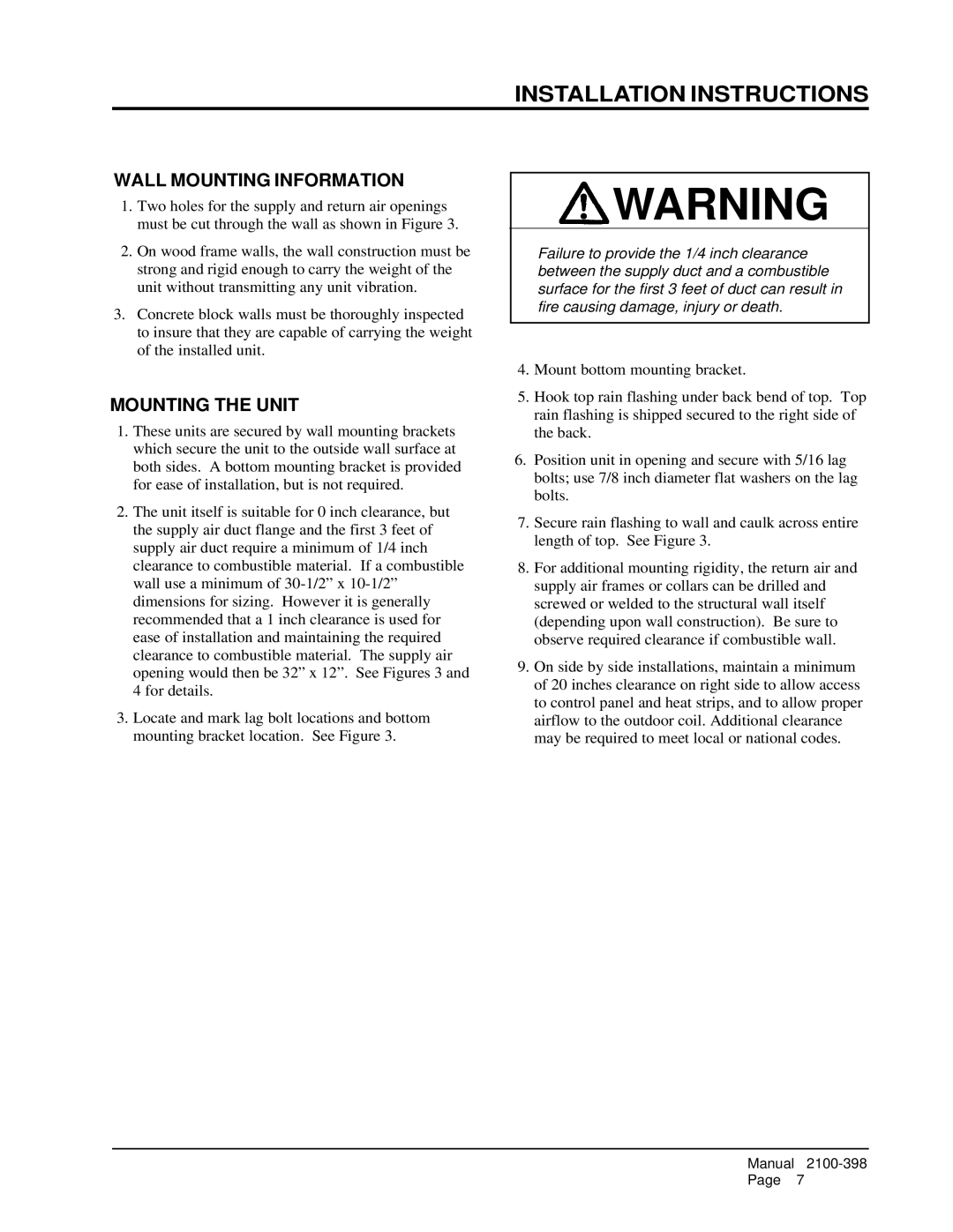 Bard WA423, WA602, WA491, WA484, WA381 Installation Instructions, Wall Mounting Information, Mounting the Unit 