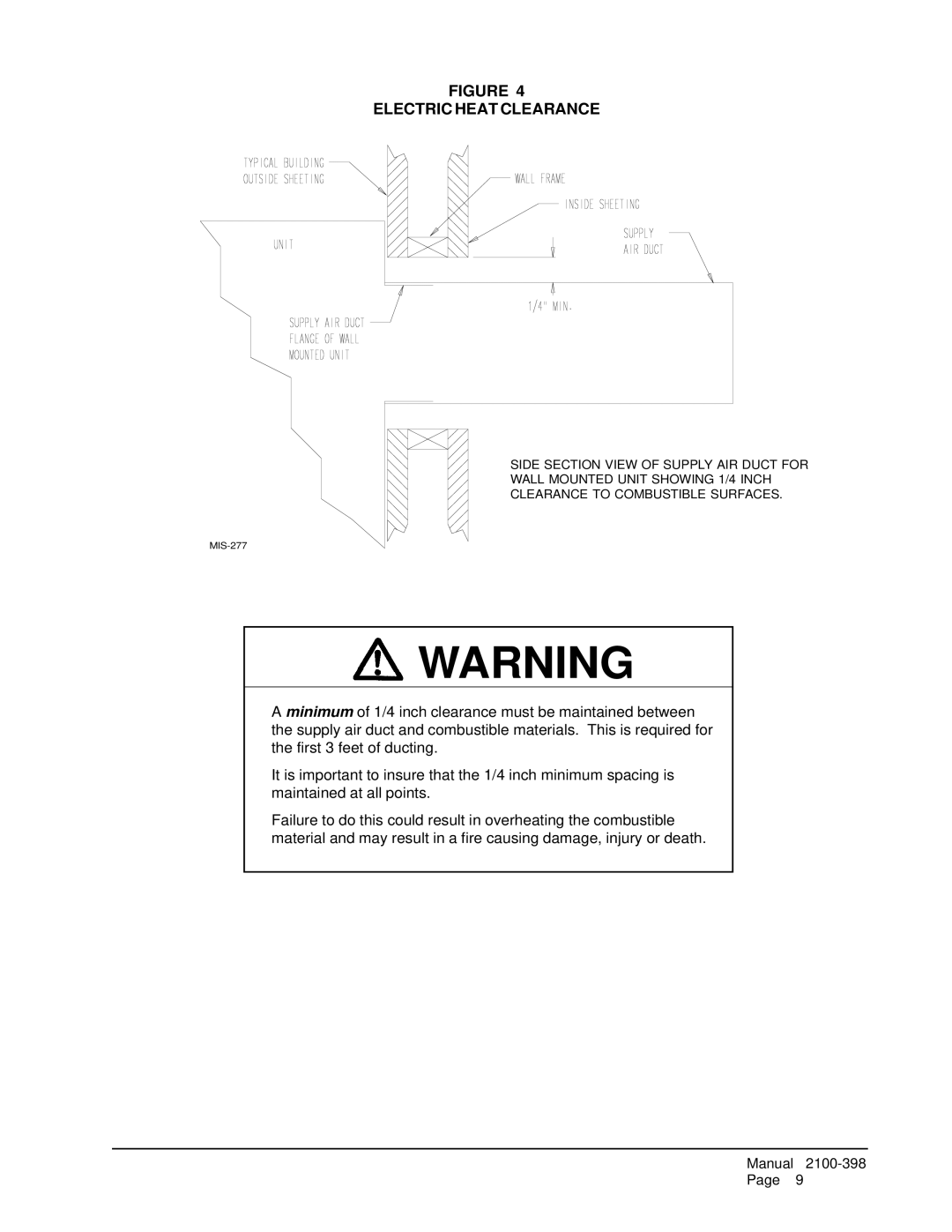 Bard WA491, WA602, WA484, WA381, WA423 installation instructions Electric Heat Clearance 