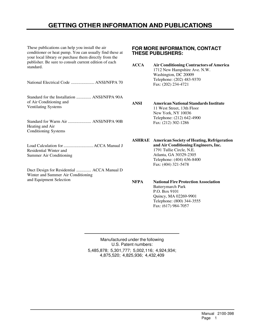 Bard WA381, WA602, WA491, WA484 Getting Other Information and Publications, For More INFORMATION, Contact These Publishers 