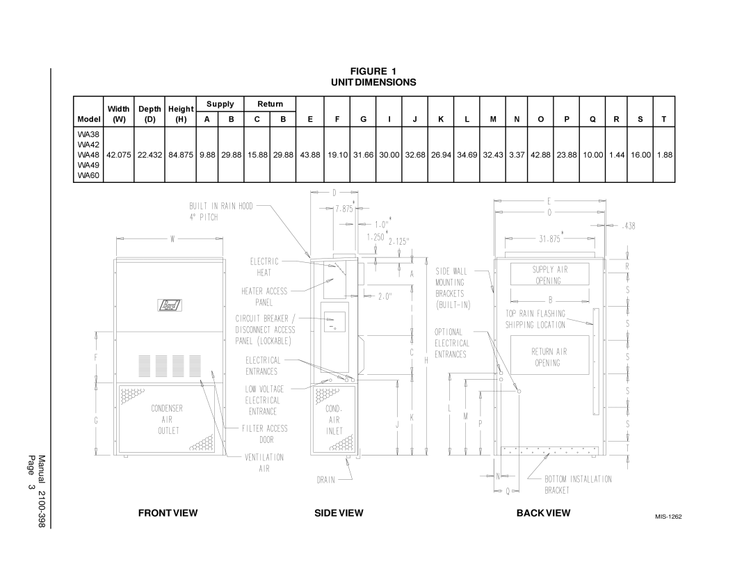 Bard WA602, WA491, WA484, WA381, WA423 installation instructions Unit Dimensions 