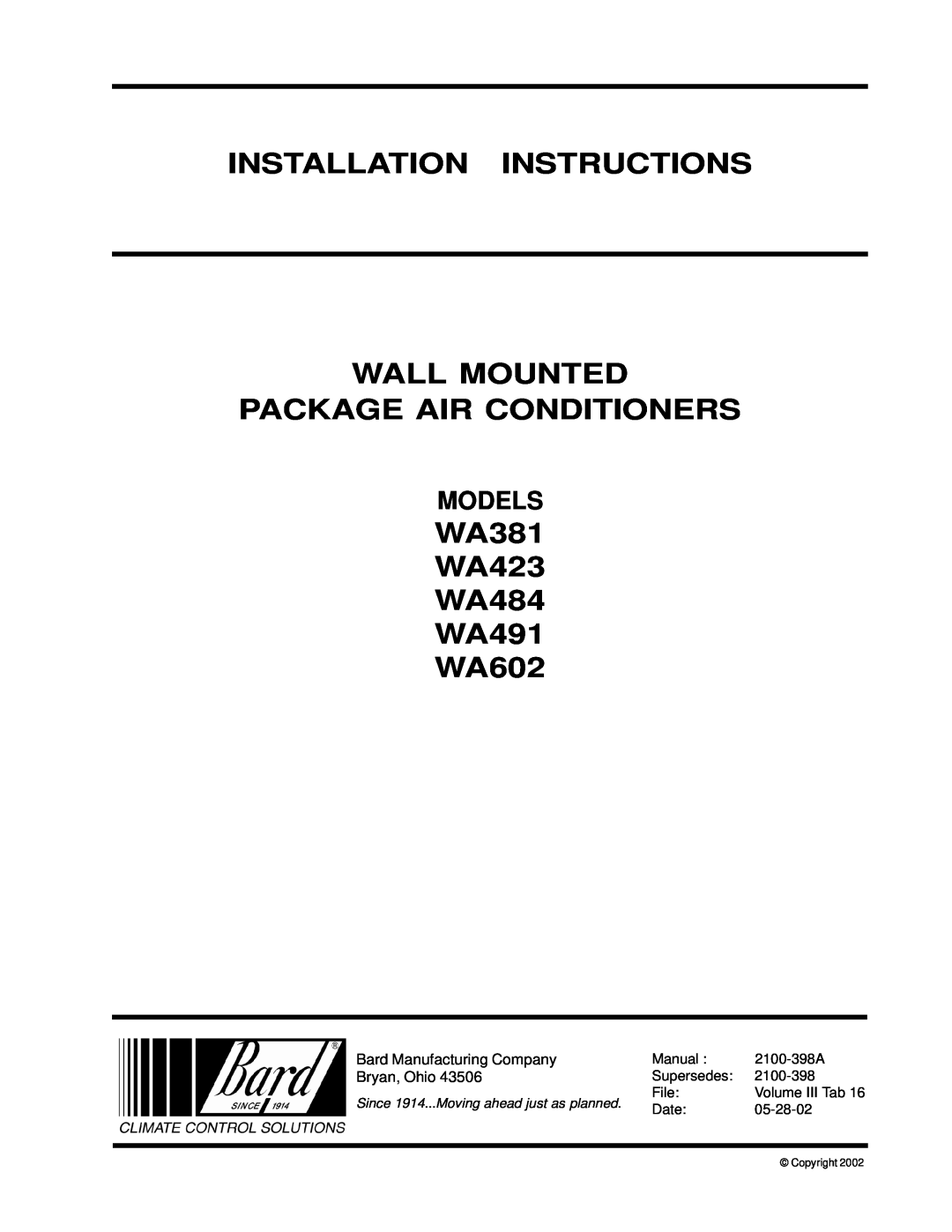 Bard WA491, WA602, WA484 installation instructions Installation Instructions Wall Mounted, Package Air Conditioners, Models 