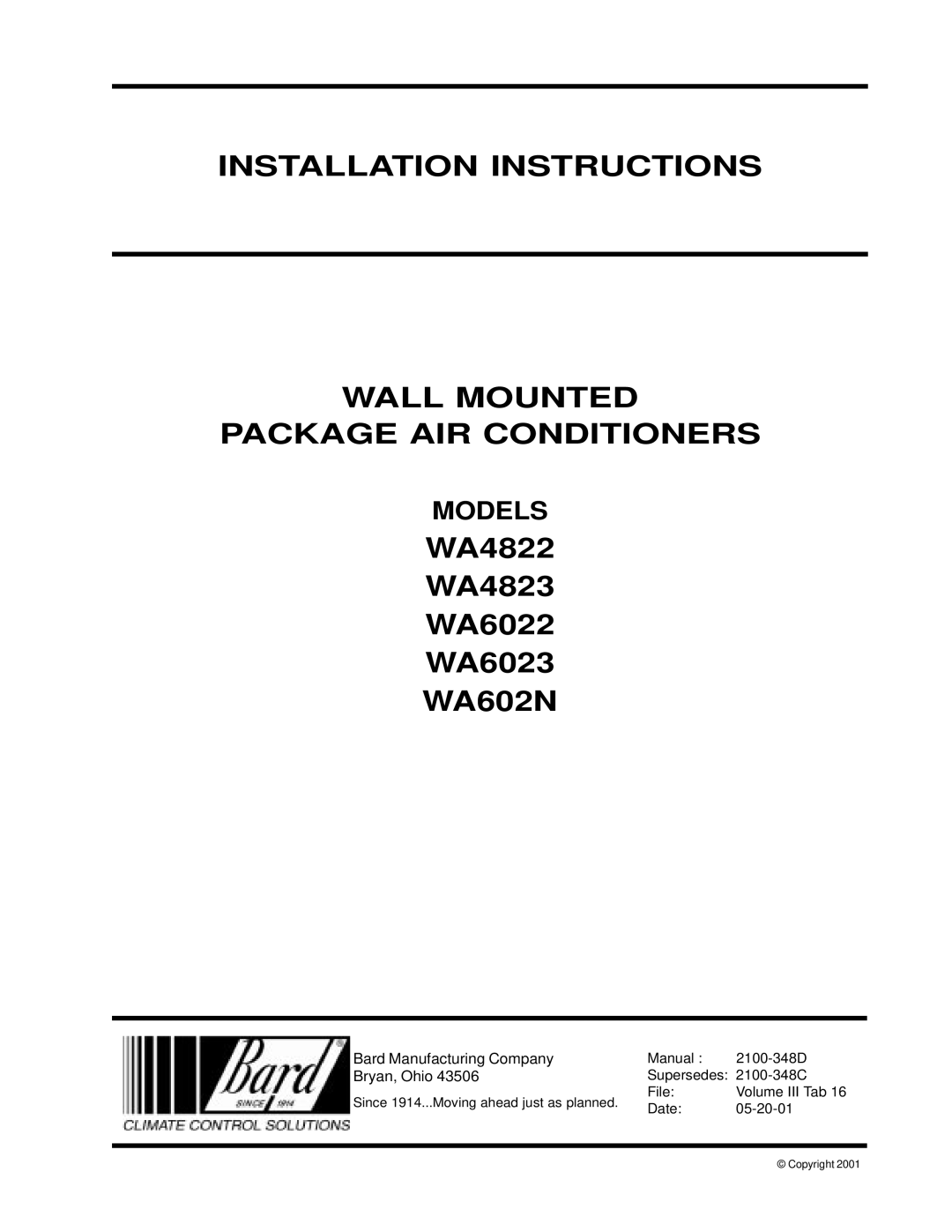 Bard installation instructions WA4822 WA4823 WA6022 WA6023 WA602N 