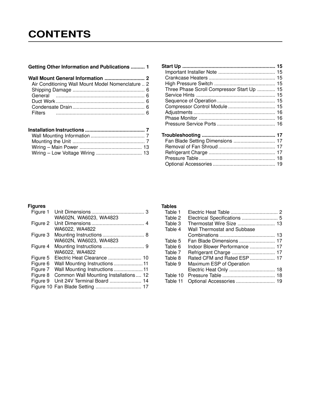 Bard WA6022, WA6023, WA602N, WA4823, WA4822 installation instructions Contents 