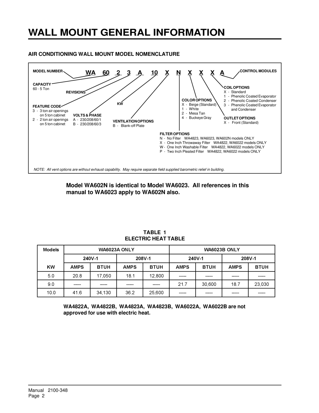 Bard WA4822 Wall Mount General Information, X a, AIR Conditioning Wall Mount Model Nomenclature, Electric Heat Table 