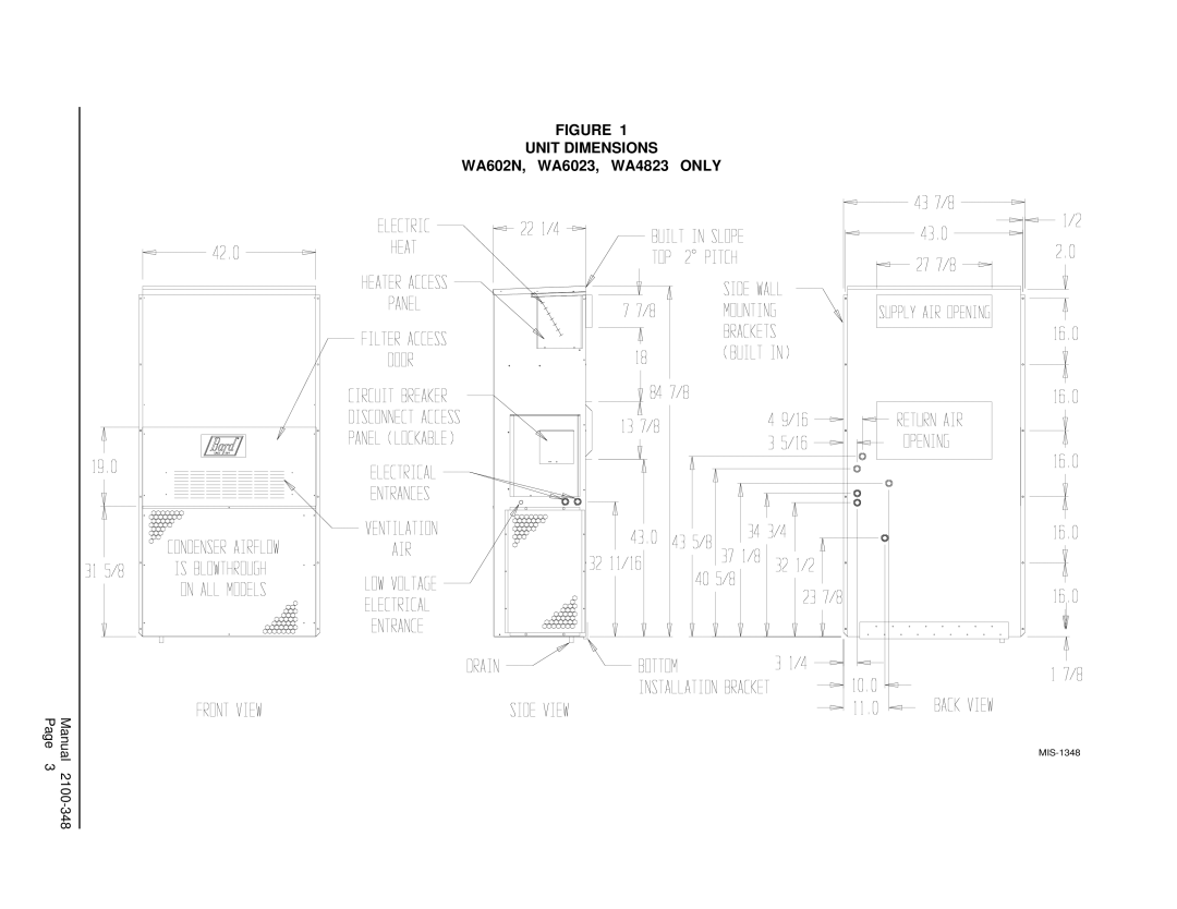 Bard WA6022, WA4822 installation instructions Unit Dimensions, WA602N, WA6023, WA4823 only 