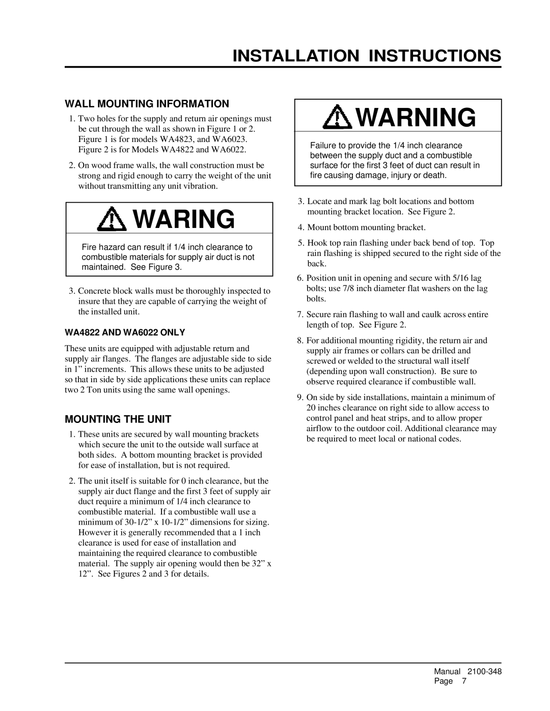 Bard WA6023, WA602N Installation Instructions, Wall Mounting Information, Mounting the Unit, WA4822 and WA6022 only 