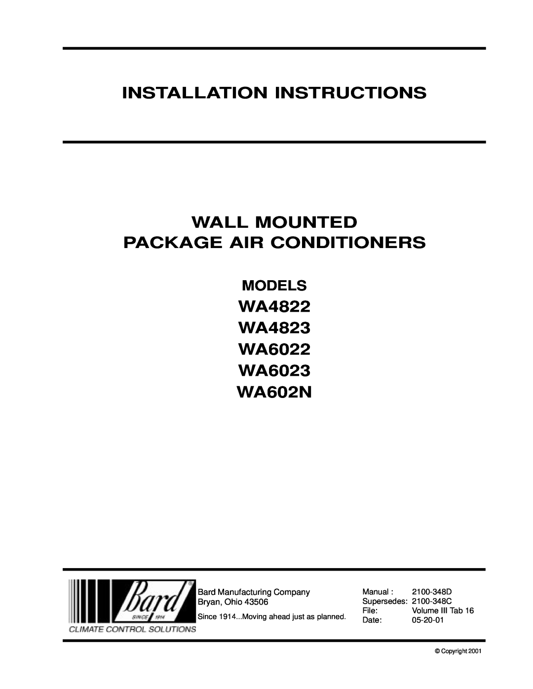 Bard WA602N, WA6023 installation instructions Installation Instructions Wall Mounted, Package Air Conditioners, Models 