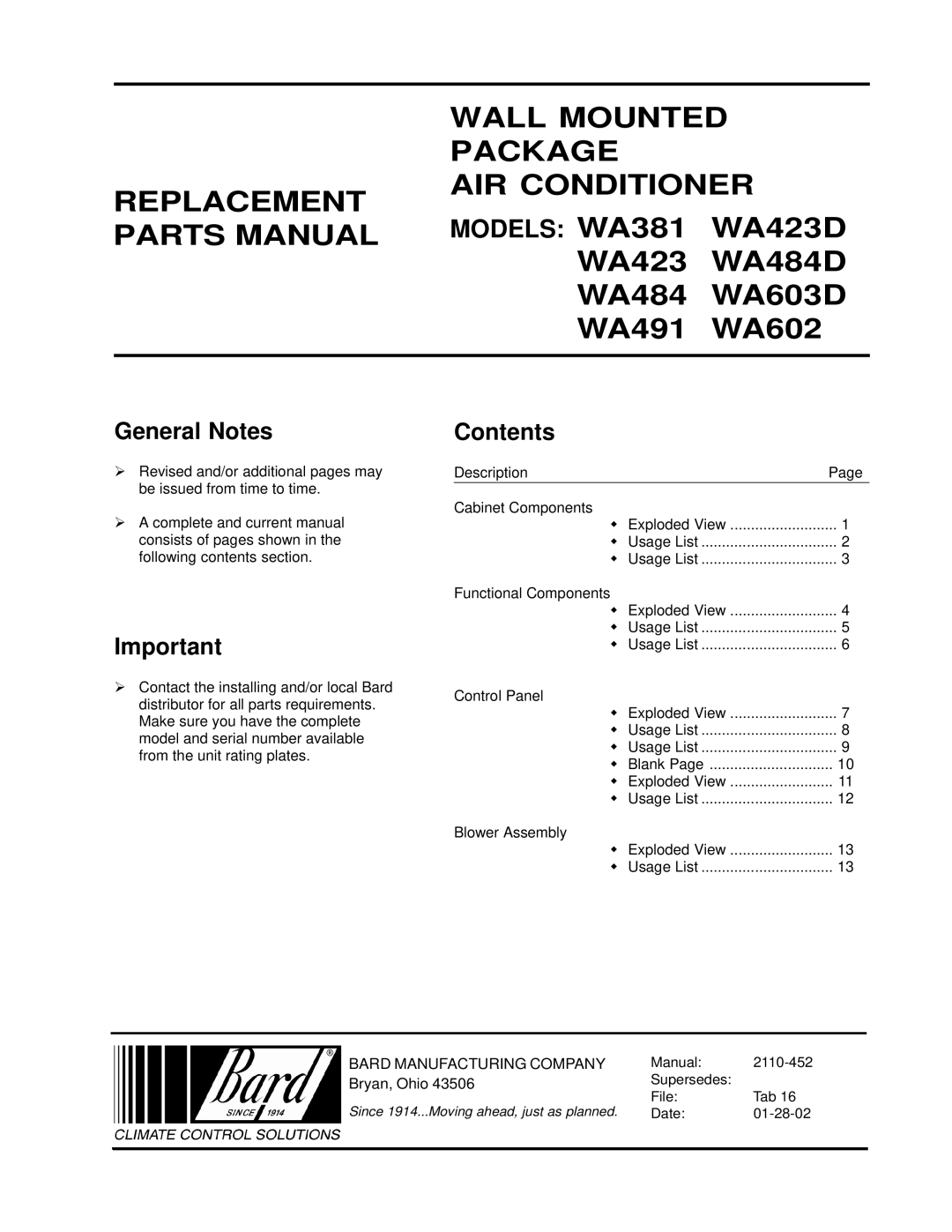 Bard WA484D, WA603D, WA423D manual Wall Mounted 