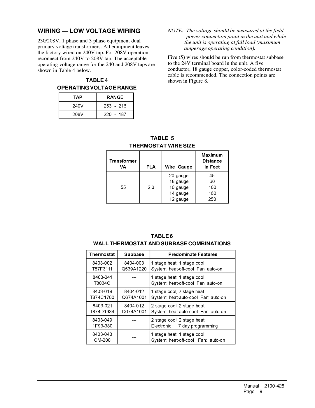 Bard WA721, WA702-A, WA611, WA701-C, WA701-B Wiring LOW Voltage Wiring, Operating Voltage Range, Thermostat Wire Size 