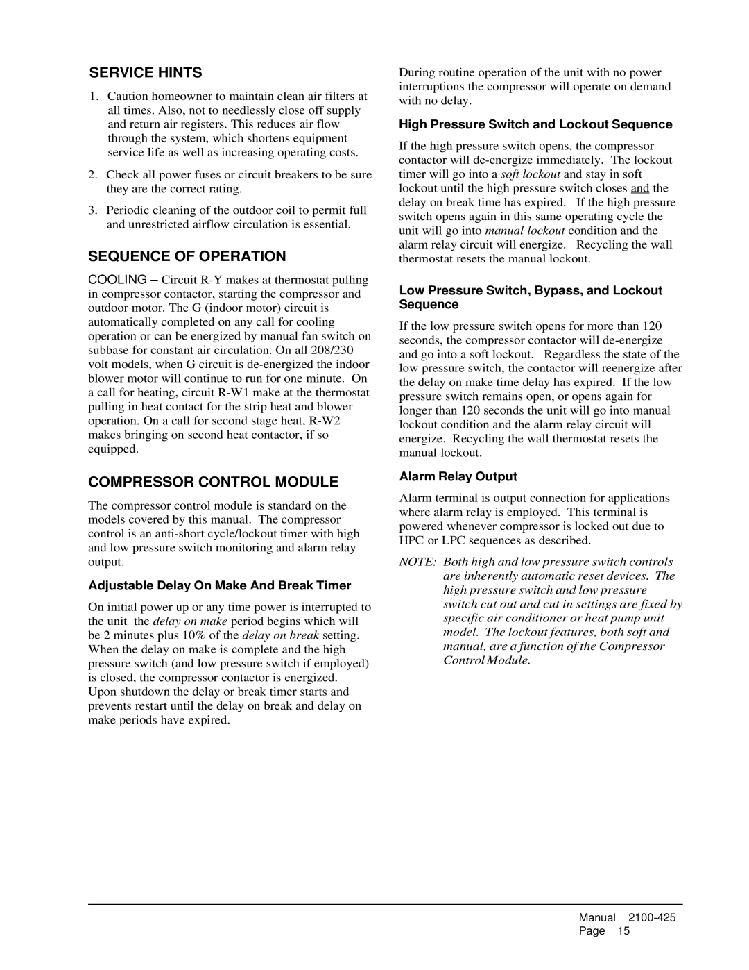 Bard WA611, WA702-A, WA721, WA701-C, WA701-B Service Hints, Sequence of Operation, Compressor Control Module 