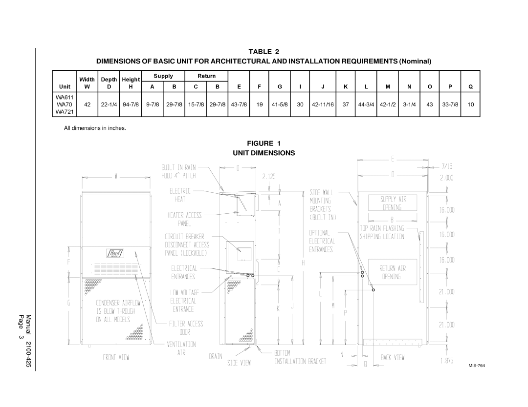 Bard WA702-A, WA721, WA611, WA701-C, WA701-B installation instructions Unit Dimensions 