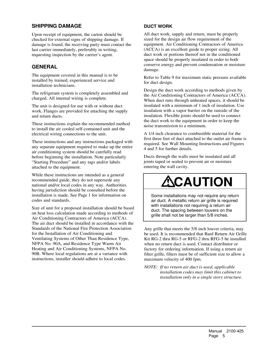 Bard WA611, WA702-A, WA721, WA701-C, WA701-B installation instructions Shipping Damage, General, Duct Work 