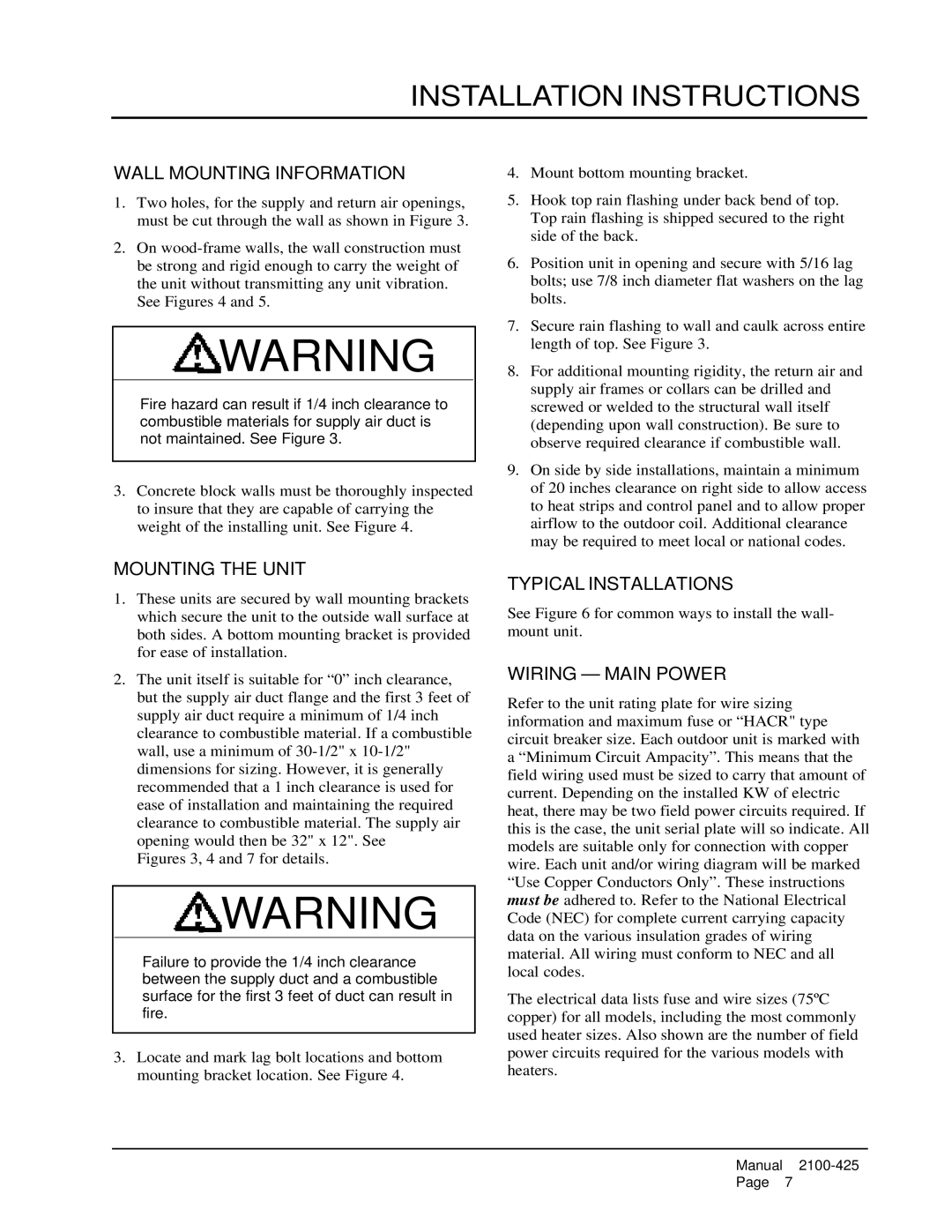 Bard WA701-B, WA702-A, WA721 Installation Instructions, Wall Mounting Information, Mounting the Unit, Typical Installations 