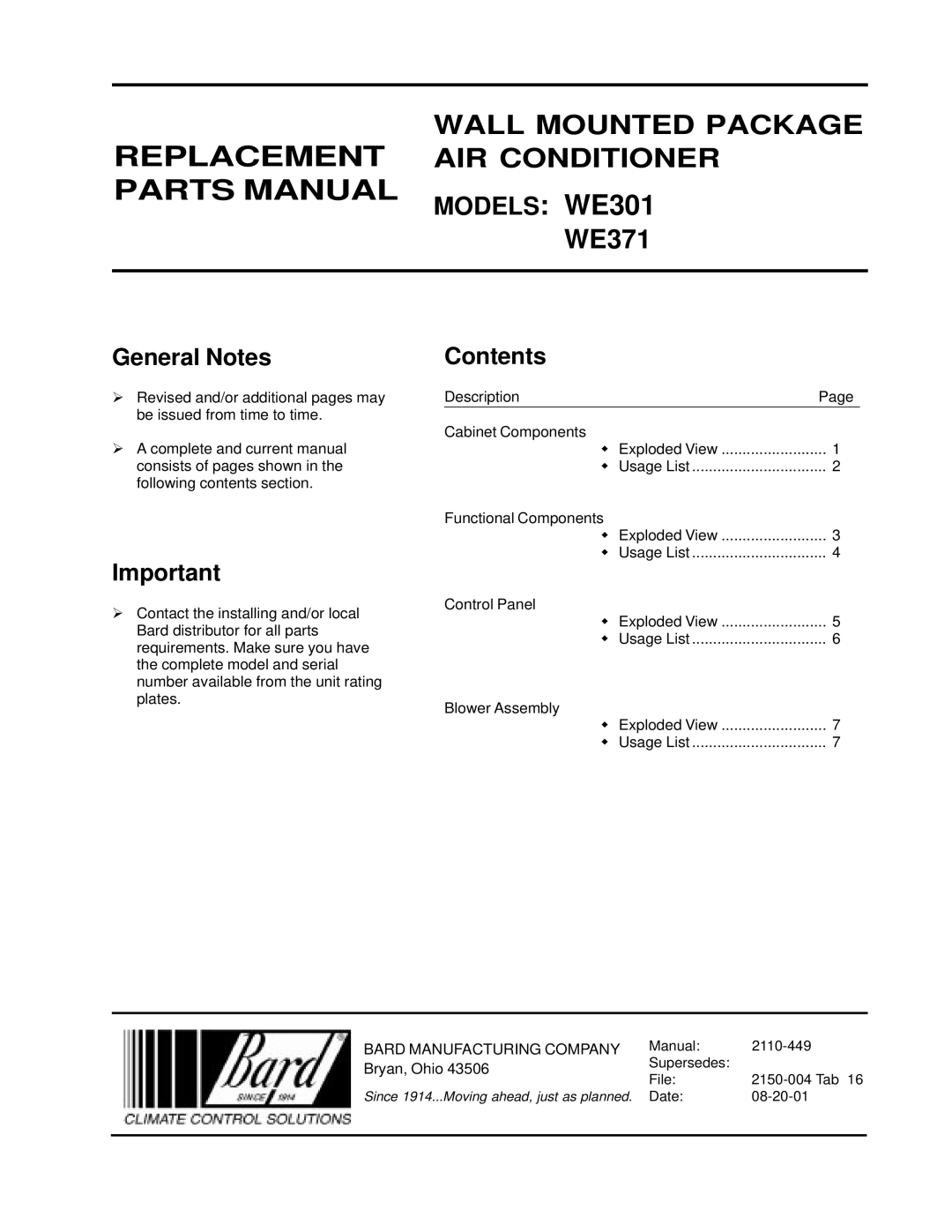 Bard WE371 manual Parts Manual Models WE301 